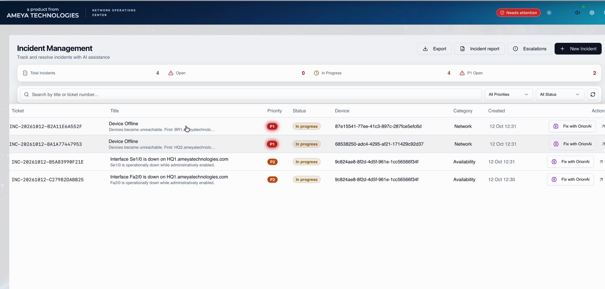 Alerts & incidents screen of the Orion AI console